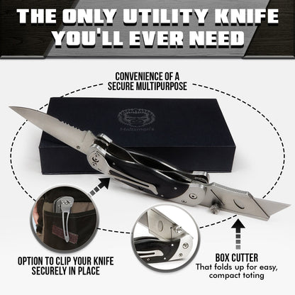 Premium Utility Knife, Folding Pocket Knife Combo, Box Cutter, Heavy Duty Dual Blades W/Belt Clip Gift Set for Dad Carpenter or Construction Worker