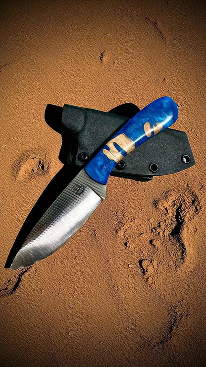RockinEDC Jinete 8" Handmade High Carbon Steel Knife, Blue Chollo Resin Handle, Kydex Sheath