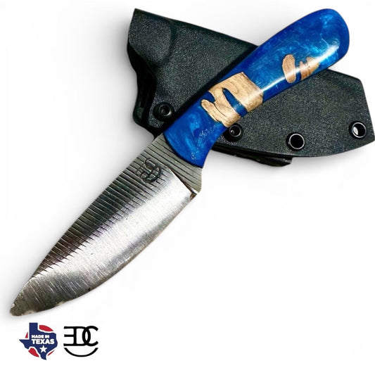 RockinEDC Jinete 8" Handmade High Carbon Steel Knife, Blue Chollo Resin Handle, Kydex Sheath