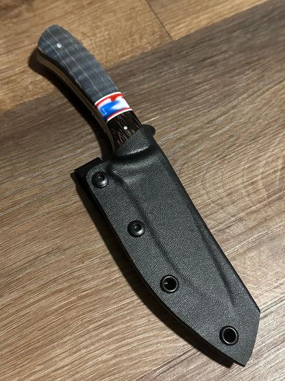 Handmade Fixed Blade EDC Knife 8” Overall, 3.5” Blade Custom Wood Black Kydex Sheath RockinEDC Texas Blue Maple & Wenge Handle